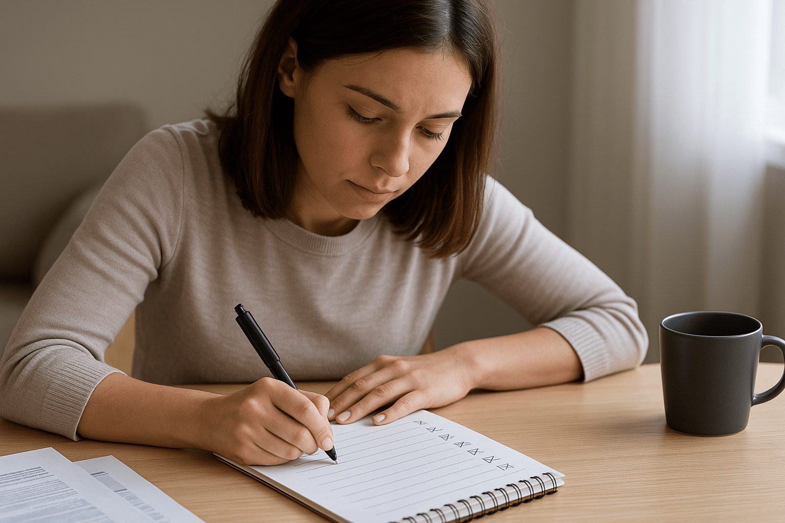 Mujer joven tachando tareas en una lista con expresión de satisfacción