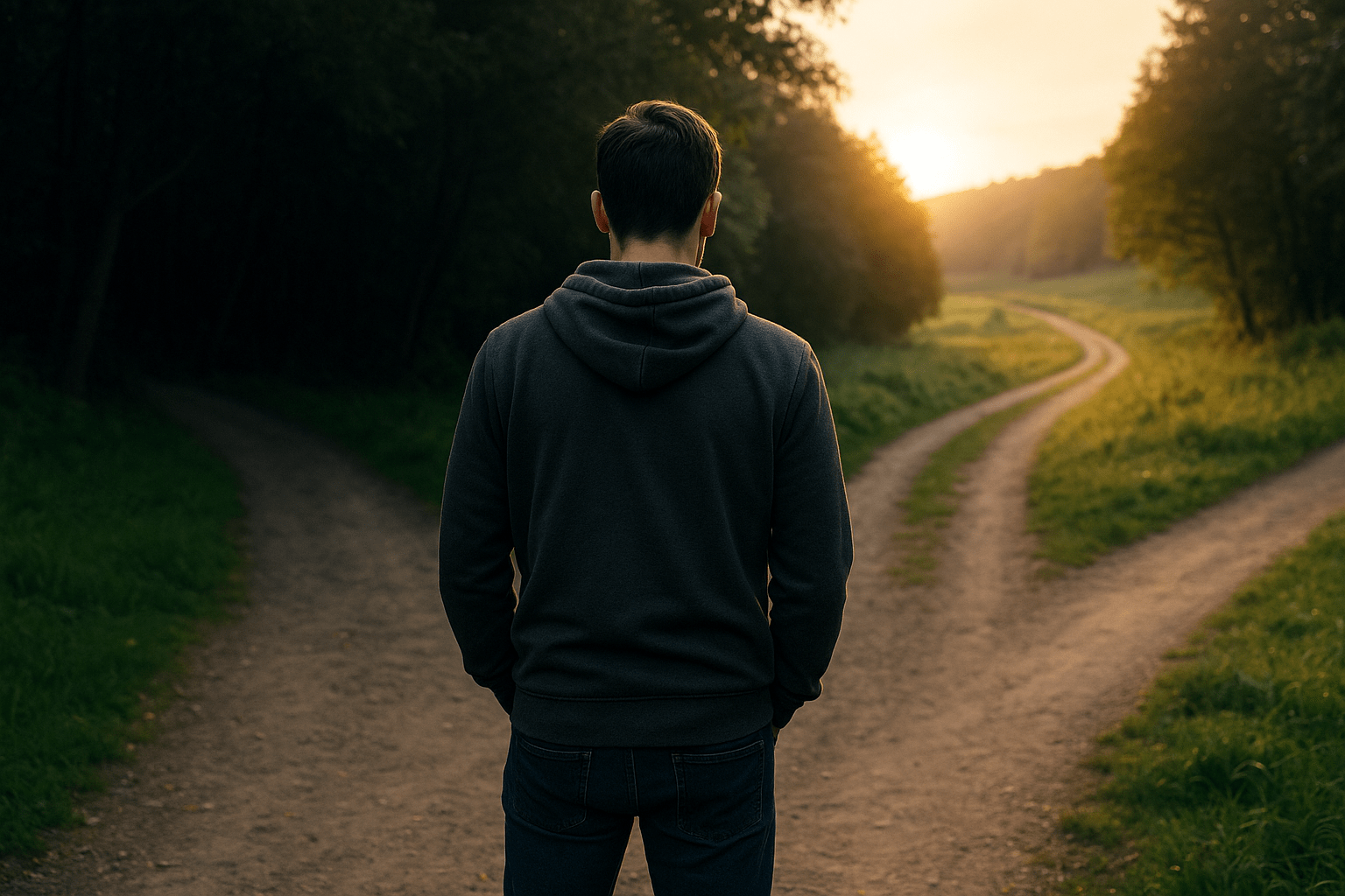 Hombre de pie frente a un camino que se bifurca, con un sendero en sombra y otro iluminado por el sol, simbolizando la elección entre rendirse o avanzar con esperanza.