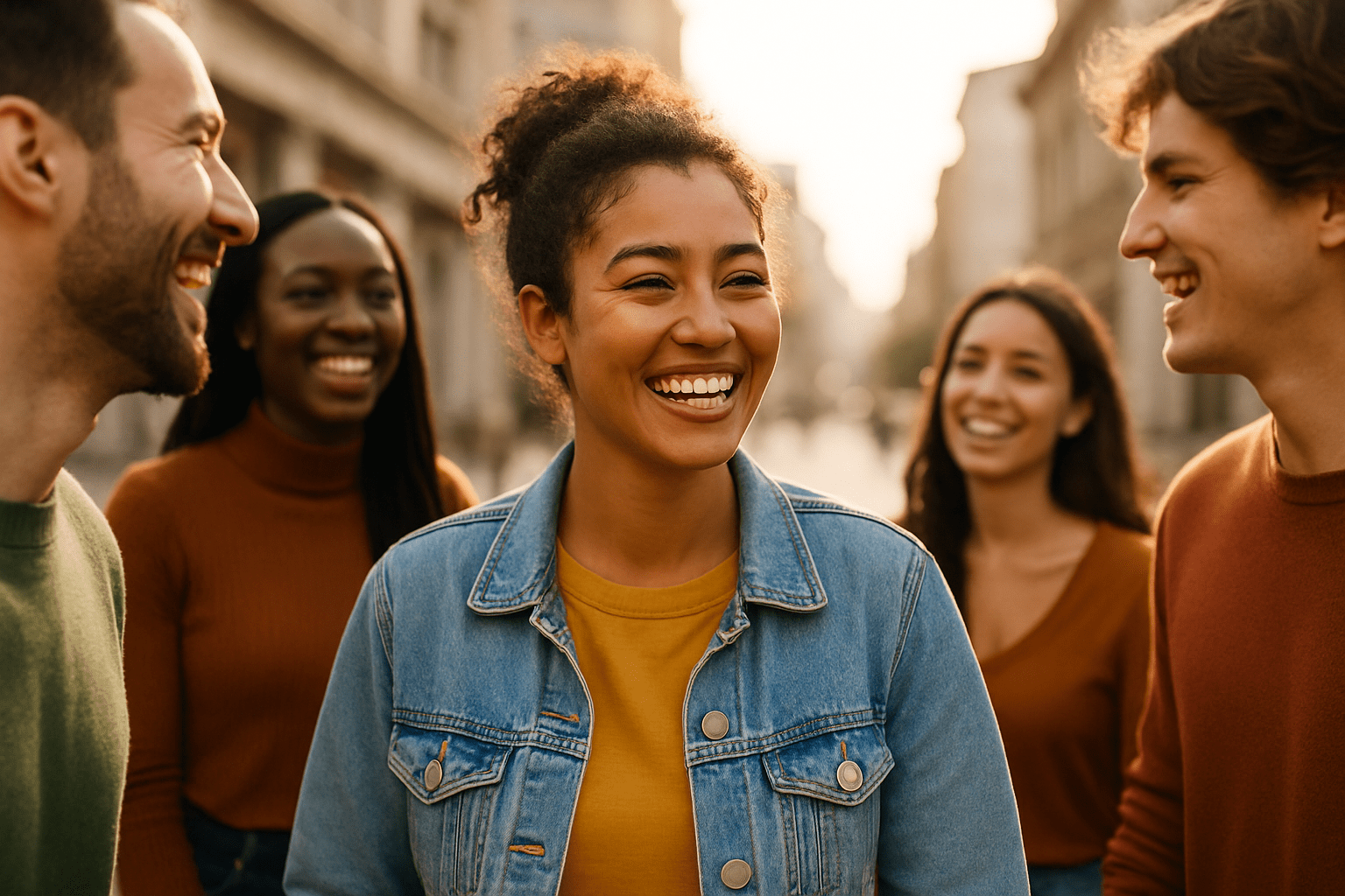 Grupo de amigos conversando y riendo en una calle iluminada por el sol, con una mujer en primer plano sonriendo de manera auténtica, simbolizando la libertad de ser uno mismo sin necesidad de aprobación.
