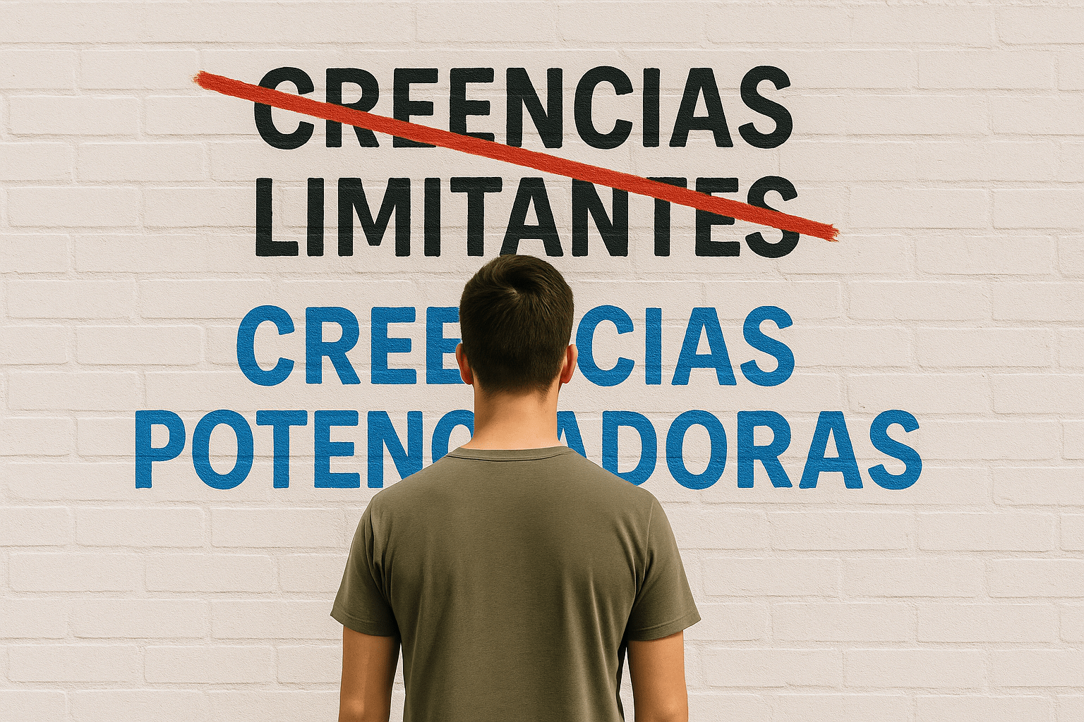 Persona de pie frente a un mural en español donde se lee “CREENCIAS LIMITANTES” tachado y debajo “CREENCIAS POTENCIADORAS”, simbolizando el cambio hacia pensamientos que impulsan.