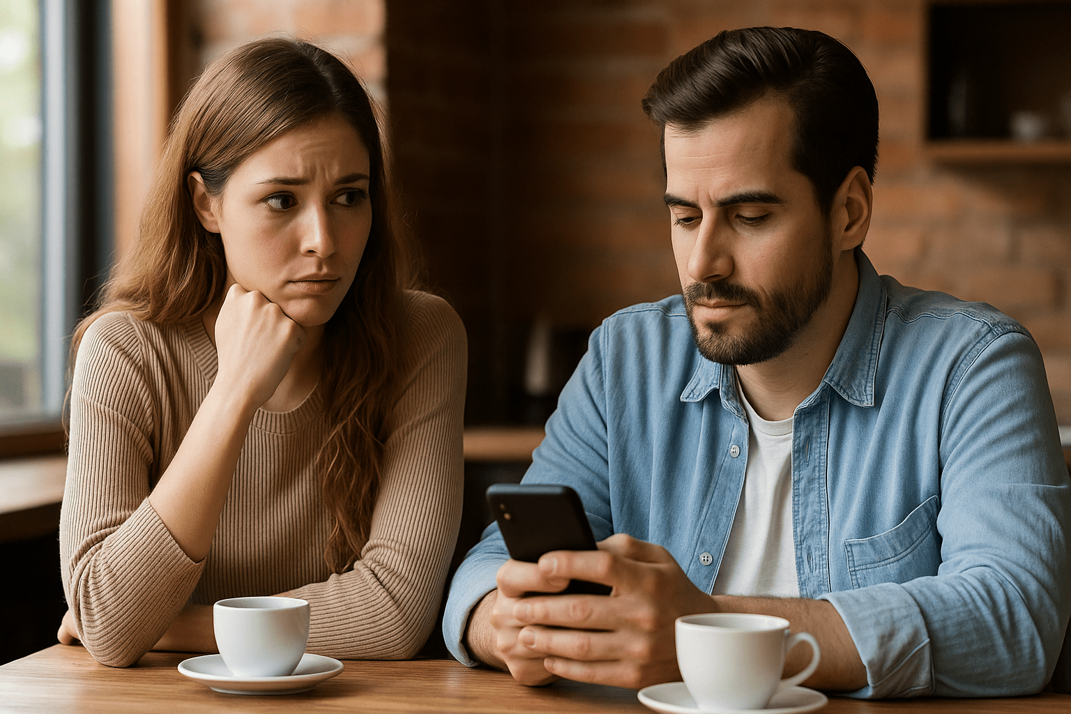 Pareja en un café, el hombre mira el celular con expresión distante mientras la mujer lo observa con ansiedad y preocupación, simbolizando la inseguridad del apego ansioso.