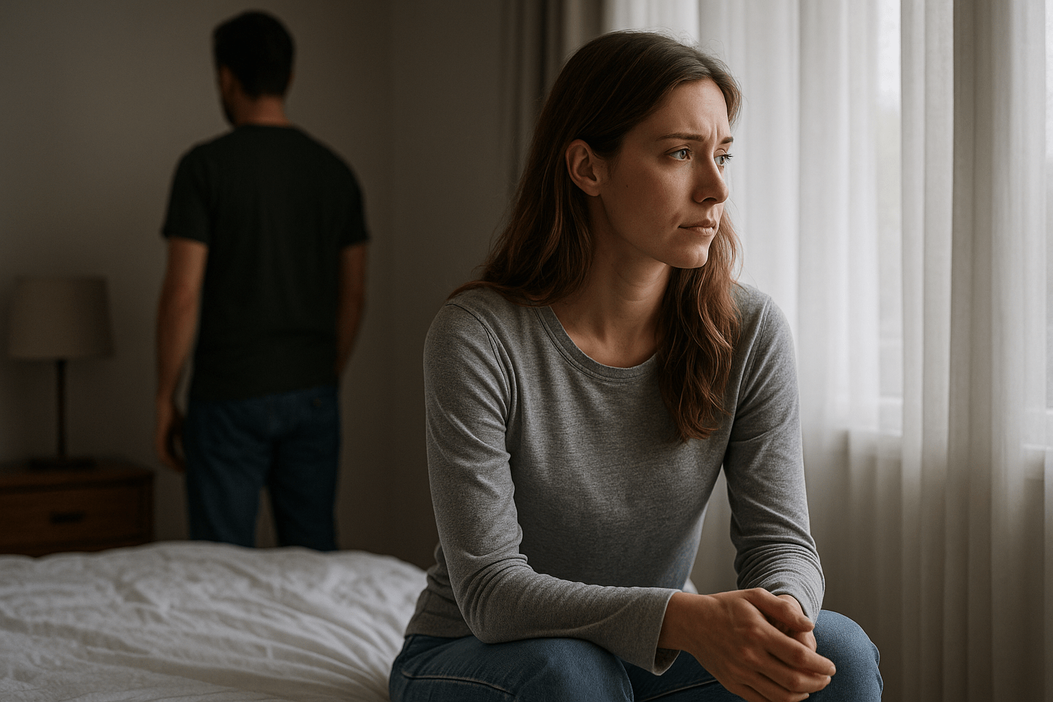 Mujer sentada en la cama mirando hacia la ventana con expresión reflexiva, mientras su pareja aparece de espaldas en la misma habitación, simbolizando la distancia emocional del apego evitativo.