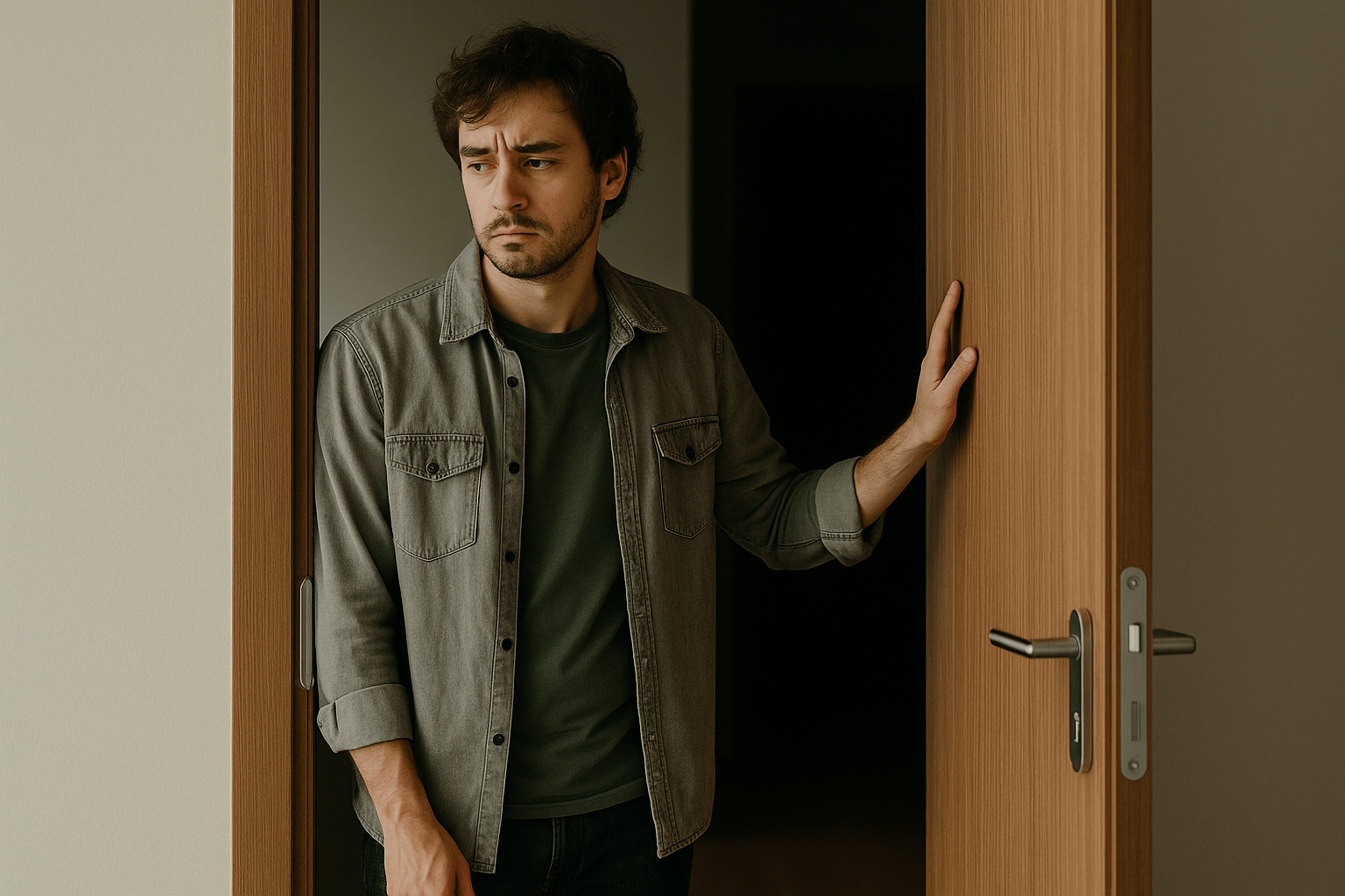 Hombre de pie frente a una puerta entreabierta, con un pie hacia adentro y el cuerpo girado hacia afuera, mostrando expresión ambivalente que simboliza el apego desorganizado.