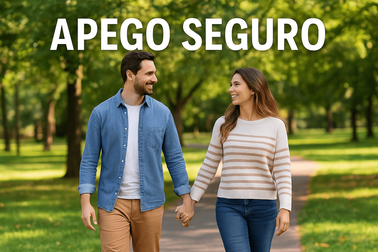 Pareja caminando de la mano en un parque, mirándose con sonrisas tranquilas, transmitiendo confianza, estabilidad y la esencia del apego seguro.