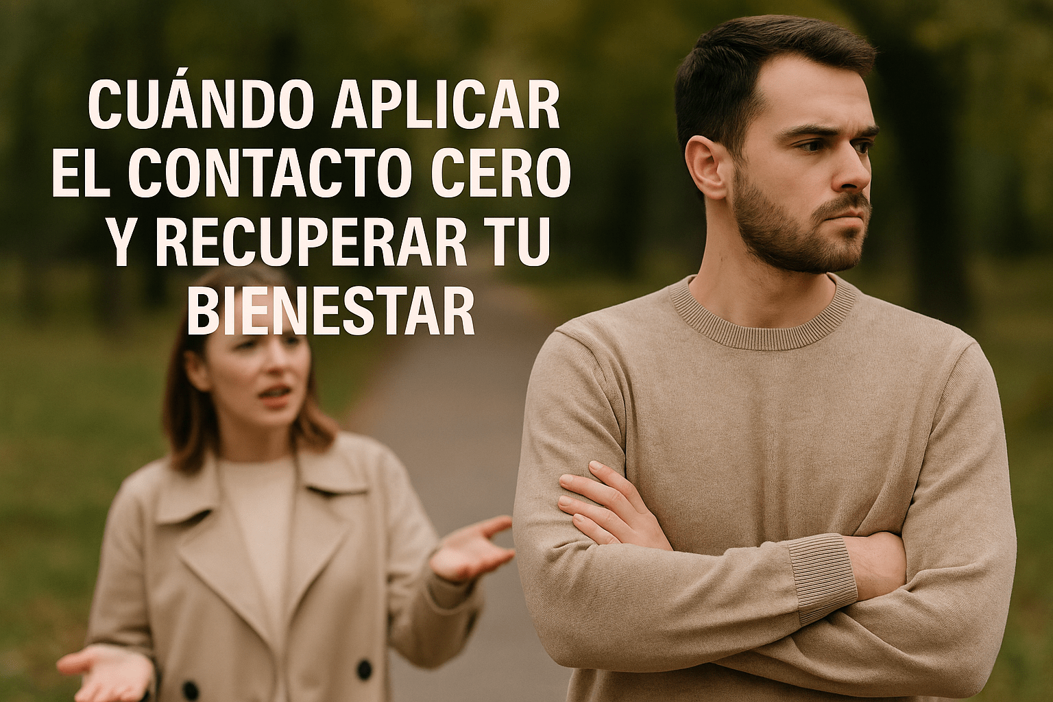 Hombre con los brazos cruzados dando la espalda a una mujer que intenta hablarle, simbolizando la decisión de aplicar el contacto cero tras una ruptura.