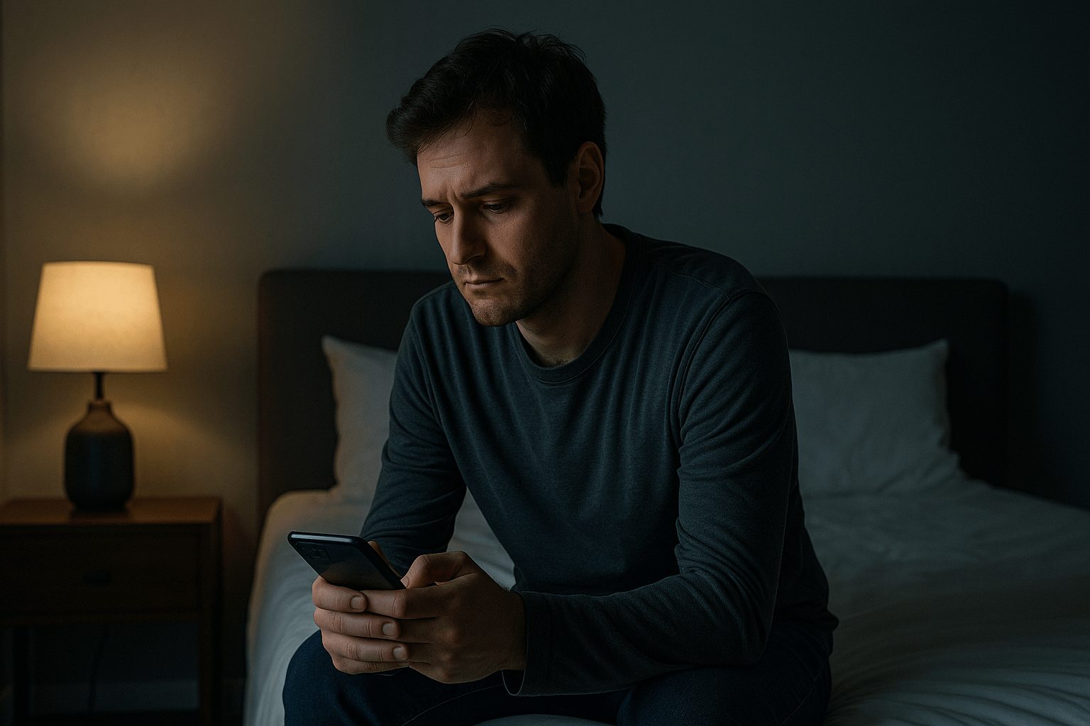 Joven solo sentado en su cama mirando el celular apagado, con expresión de tristeza en una habitación tenue.