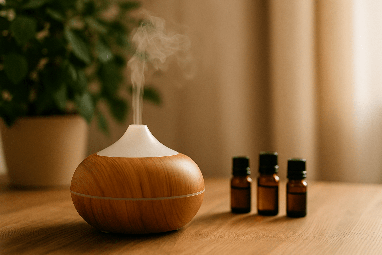Difusor de aceites esenciales de madera sobre una mesa, liberando humo aromático, acompañado de frascos y plantas verdes.