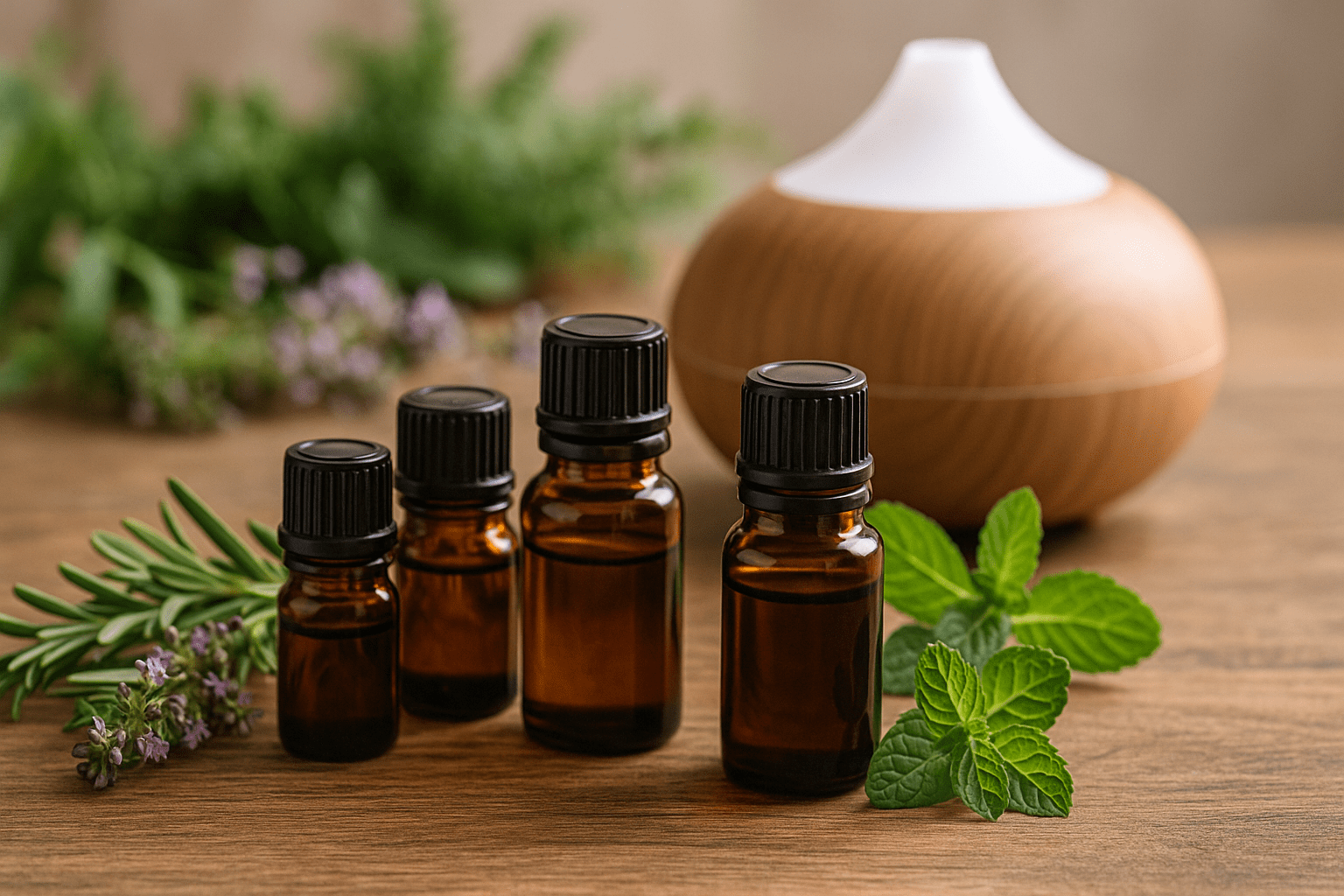 Frascos de aceites esenciales sobre una mesa de madera, rodeados de hierbas frescas, con un difusor al fondo.