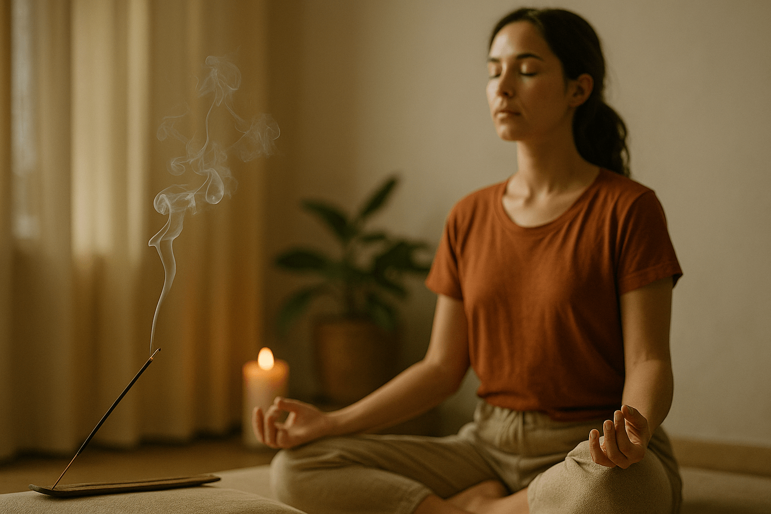 og:image:alt Persona meditando en un ambiente cálido con un sahumerio encendido al costado, humo elevándose suavemente.
