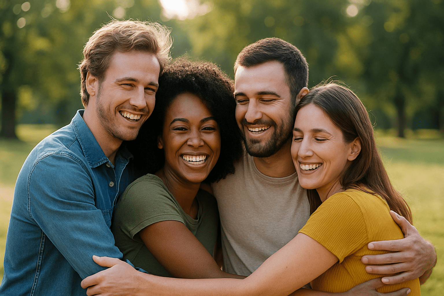 Grupo de amigos abrazándose y sonriendo al aire libre, transmitiendo vínculos positivos y bienestar compartido.