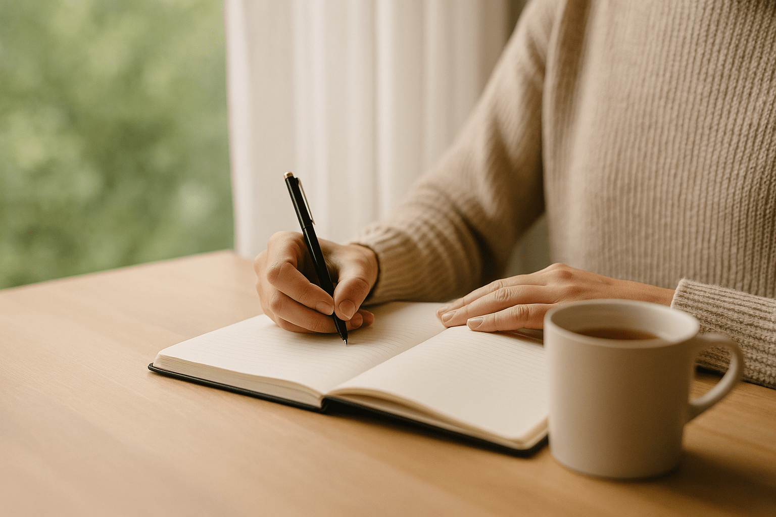 Persona escribiendo en un diario en un entorno tranquilo, con una taza de té al lado, representando reflexión, propósito y gratitud.