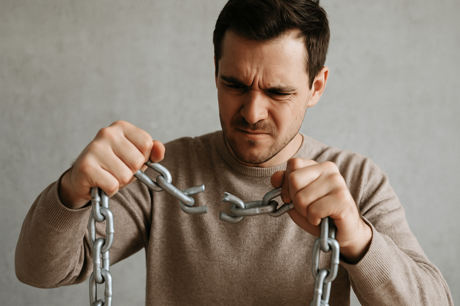Hombre joven rompiendo una cadena de metal con determinación, simbolizando la liberación de creencias limitantes y el empoderamiento personal.