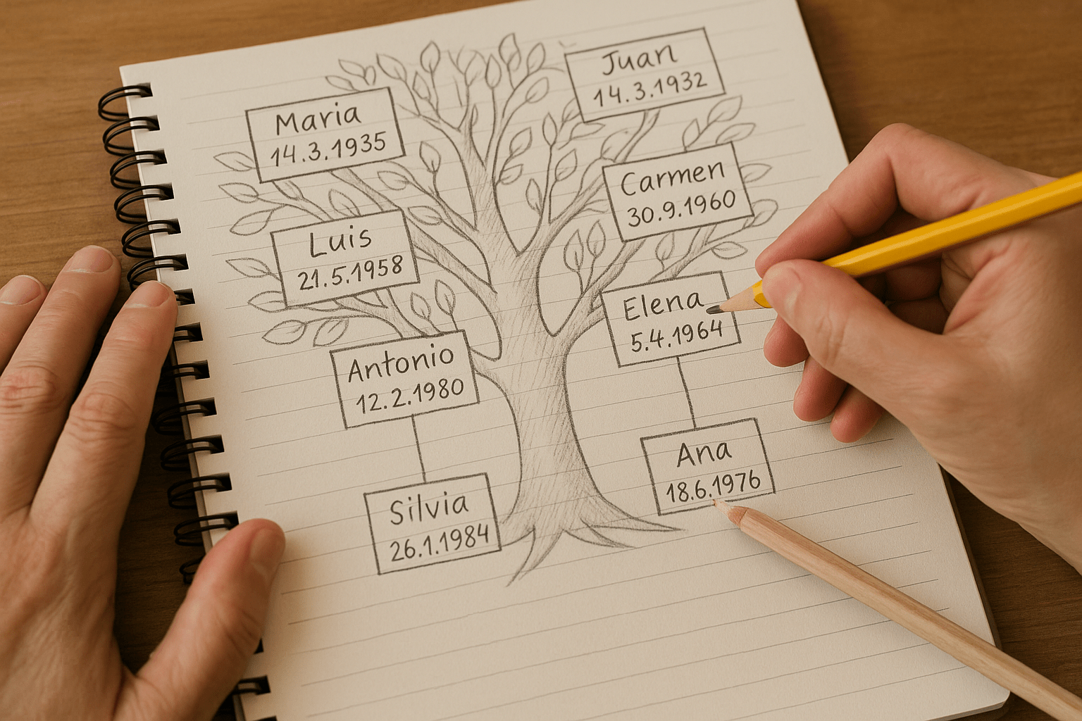 og:image:alt Cuaderno abierto con un árbol genealógico dibujado, manos escribiendo nombres y fechas con lápiz.