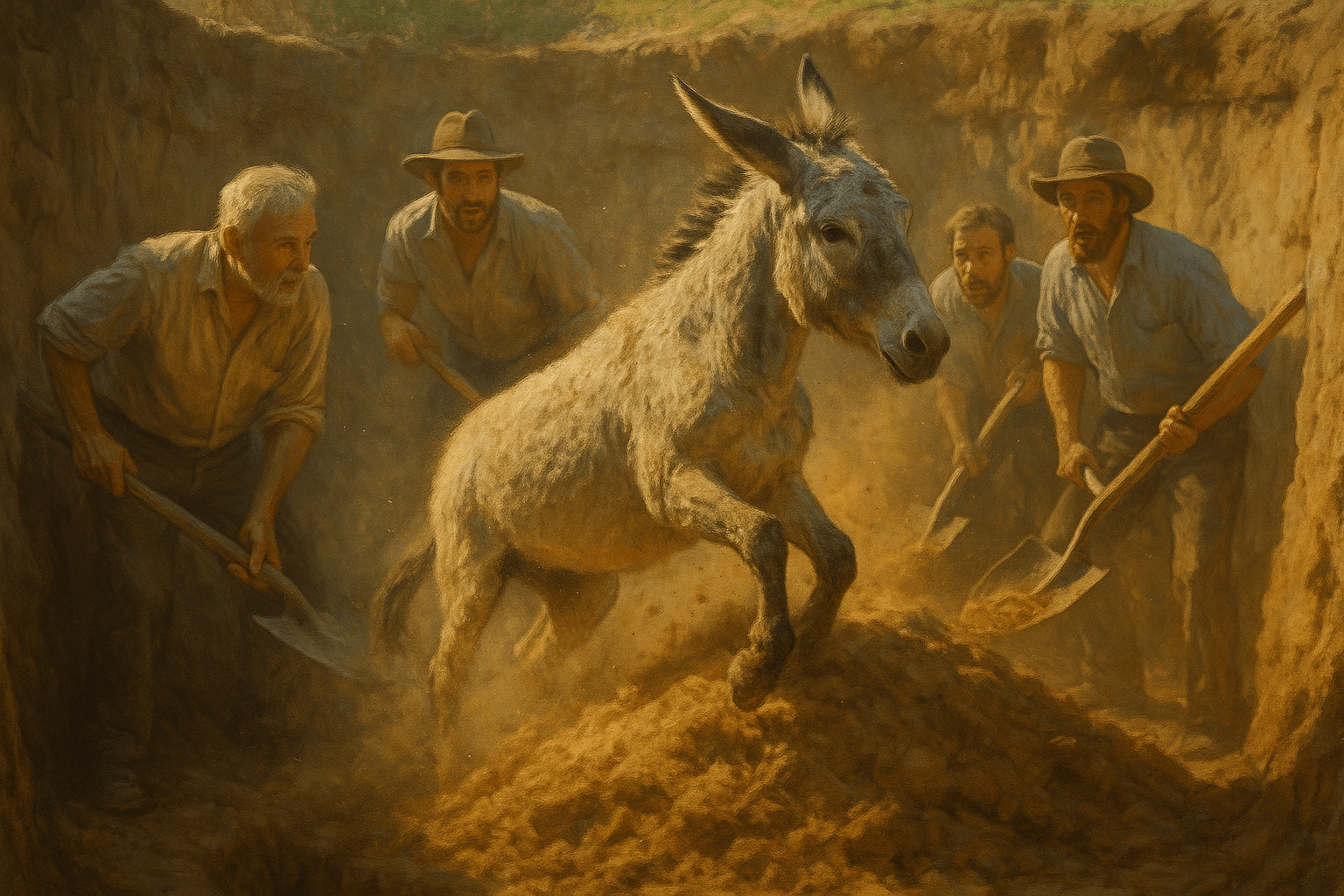 Un burro cubierto de polvo subiendo hacia la superficie de un pozo, mientras varias personas alrededor lo observan sorprendidas.