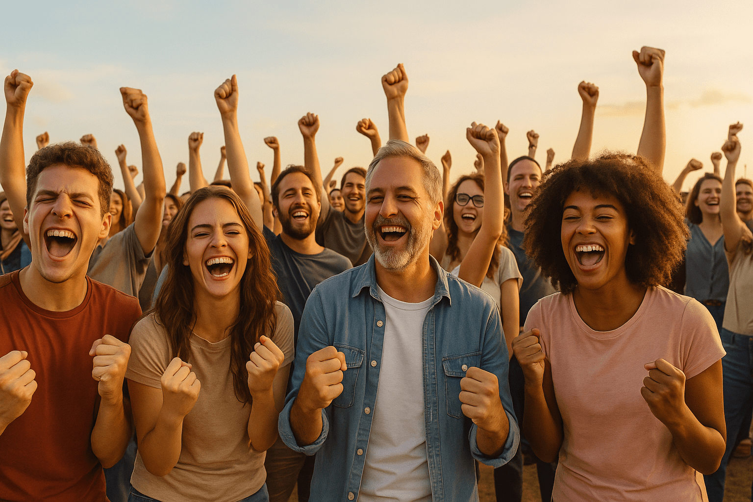 Multitud diversa celebrando al aire libre con alegría y entusiasmo, simbolizando el contagio emocional colectivo.