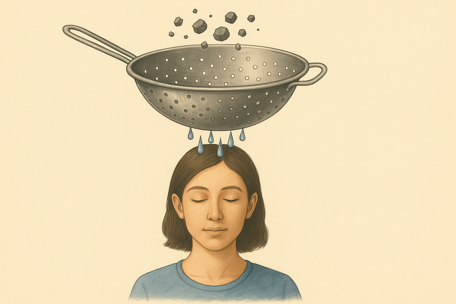 Una mujer con expresión serena bajo un colador flotante que filtra impurezas oscuras y deja caer gotas claras de agua, simbolizando pensamientos positivos y claridad mental.