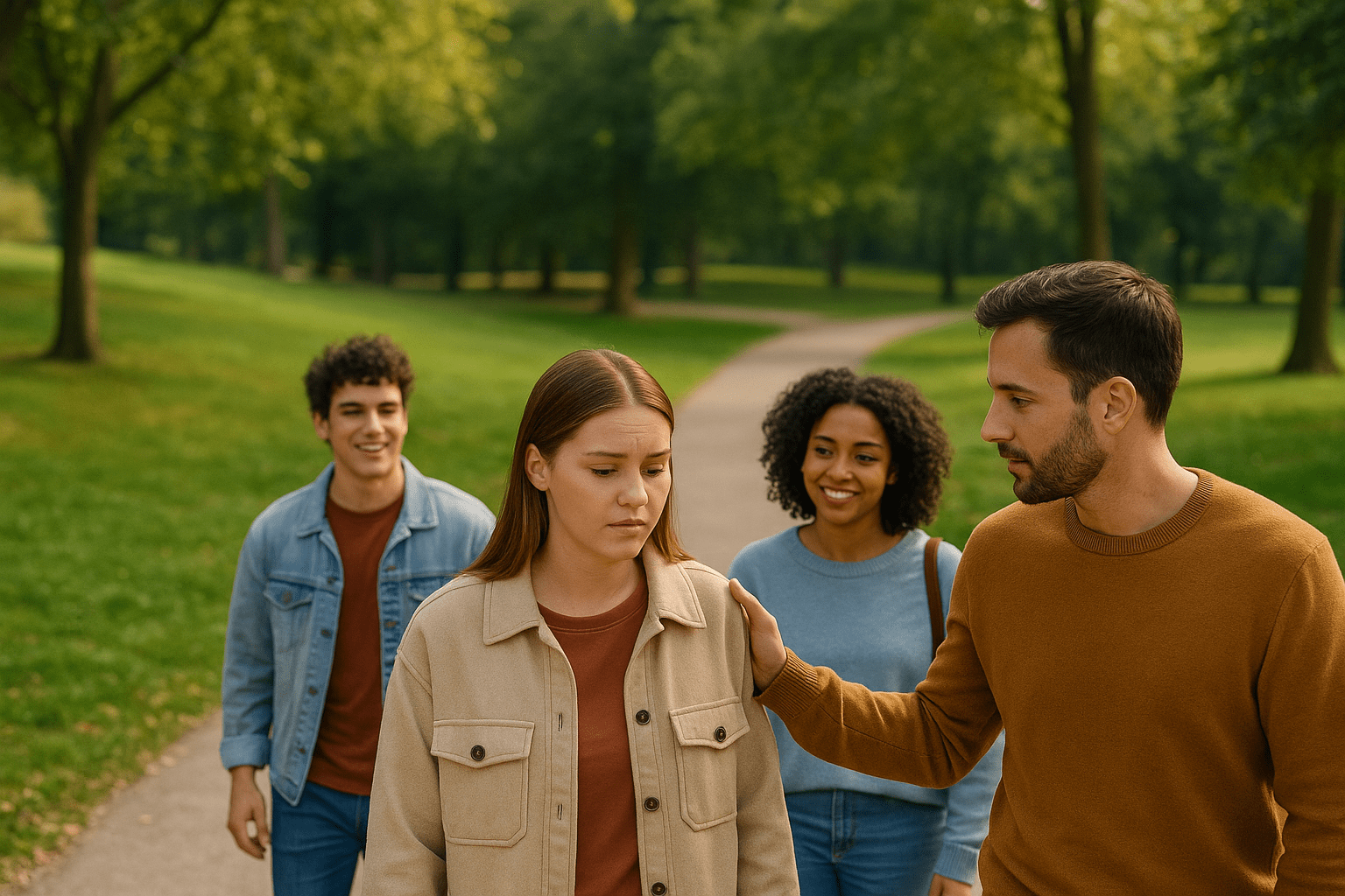 Amigos caminando en un parque, mostrando la diferencia entre una escucha empática y una sonrisa simpática.