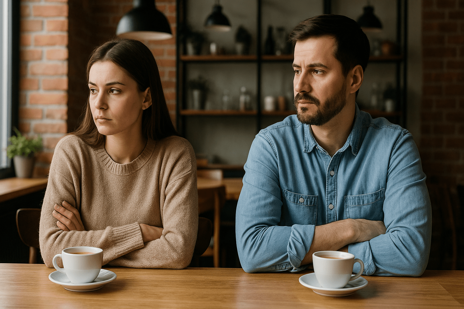 Pareja joven en un café con gestos de distancia emocional