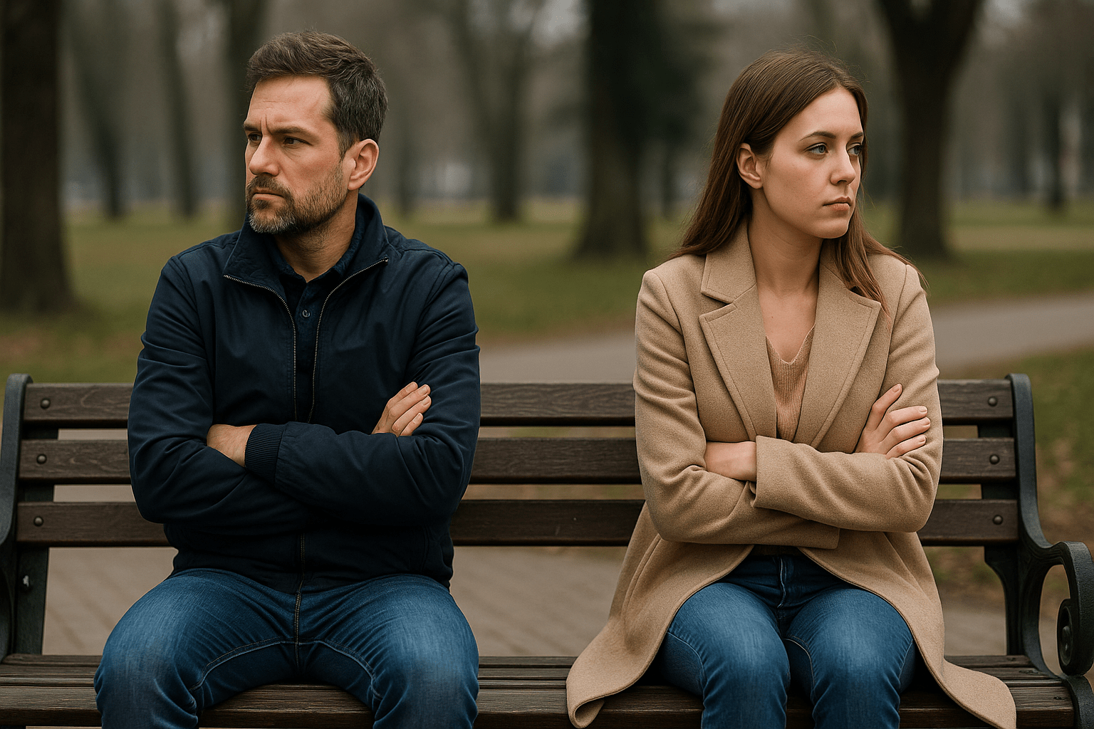 Pareja sentada en un banco de parque, mirando en direcciones opuestas, simbolizando distancia emocional en la relación.