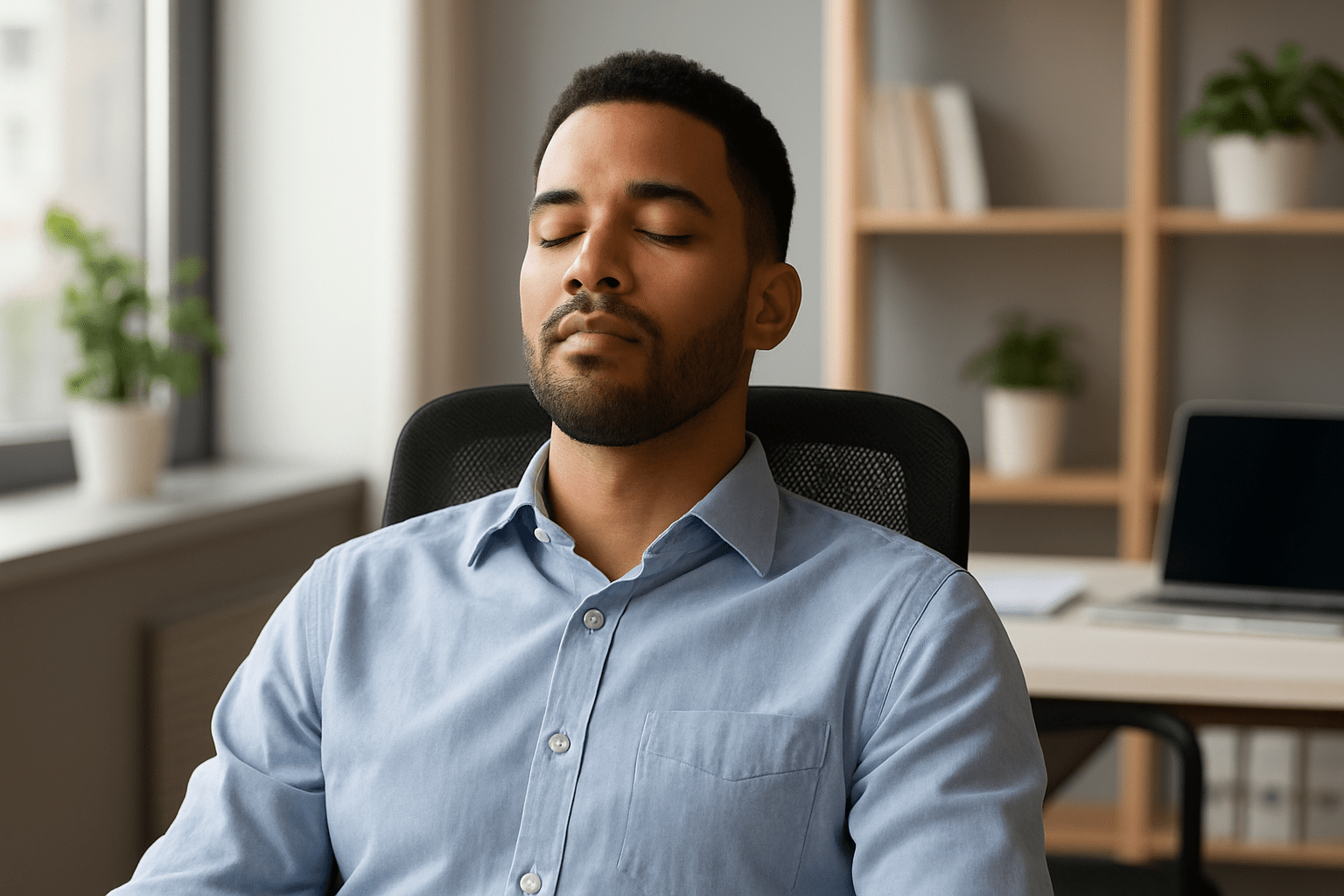 Un hombre en la oficina cerrando los ojos y apoyando la espalda en la silla, practicando un breve ejercicio de relajación en medio de su jornada laboral.