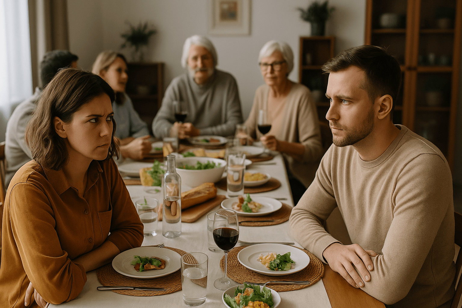 Un grupo familiar reunido en una mesa larga, con dos hermanos adultos que se miran con incomodidad mientras los demás conversan, simbolizando tensión y celos en un contexto cotidiano.