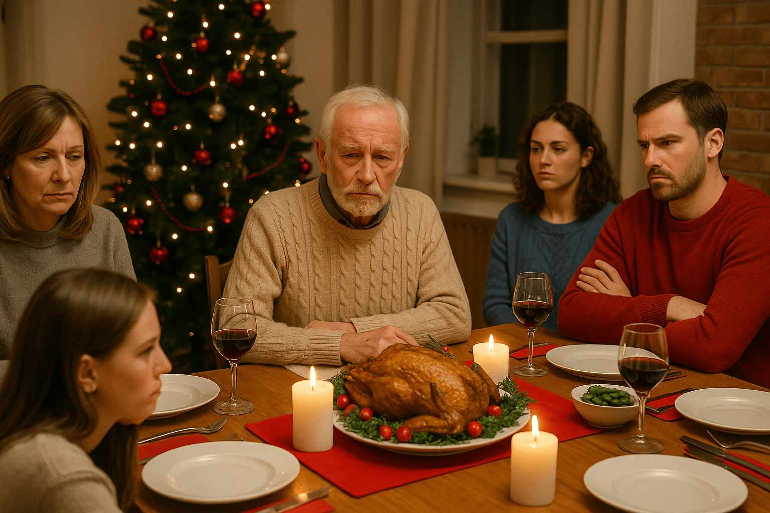 Una familia reunida en la mesa navideña con rostros tensos, algunos mirando hacia otro lado, mostrando la incomodidad en medio de la celebración.