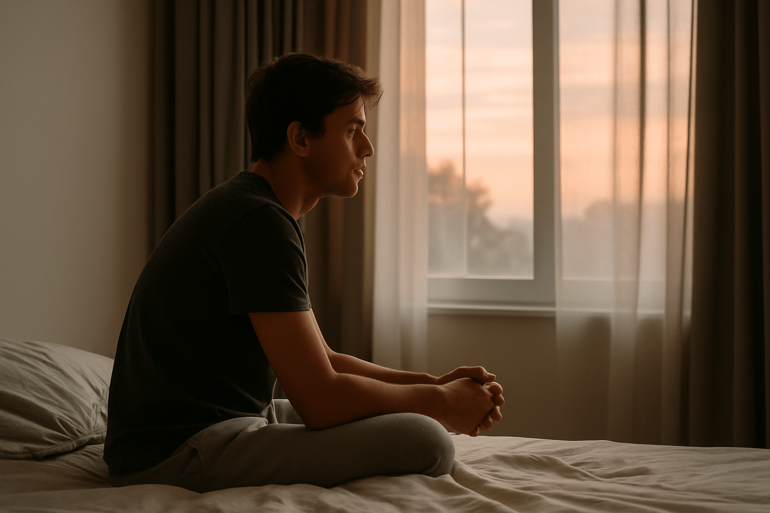 Una persona sentada en la cama al amanecer, con gesto pensativo y mirando hacia la ventana, simbolizando la falta de motivación y el deseo de cambio.