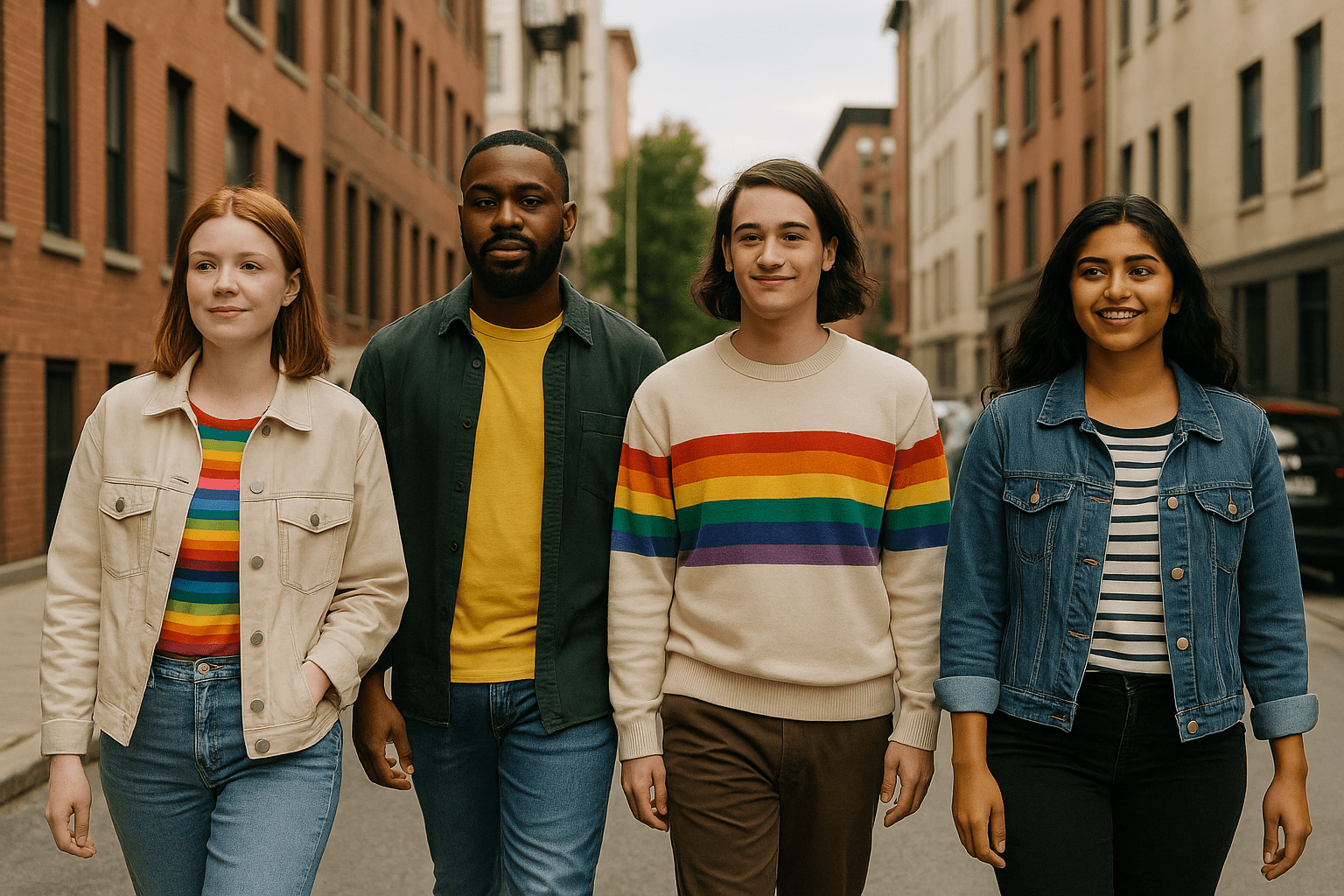 Un grupo diverso de personas caminando juntas en una calle urbana, mostrando unidad, diversidad y respeto en torno a la identidad sexual.