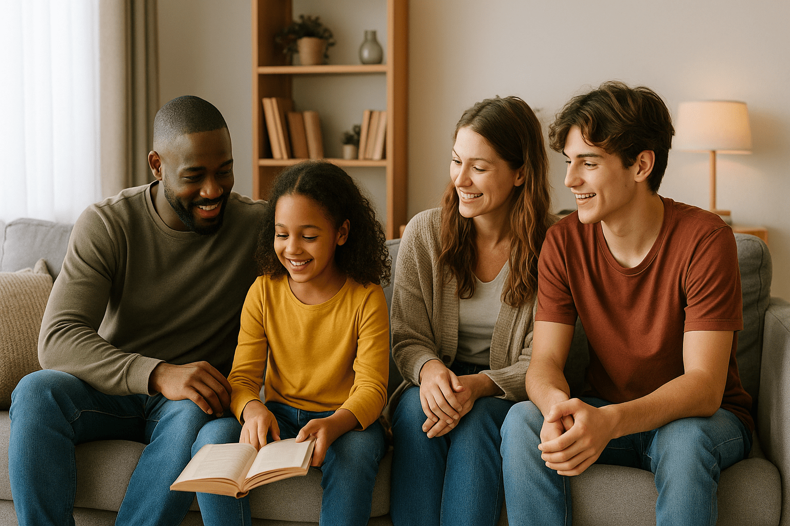 Una familia diversa sentada en la sala del hogar, adultos y niños de distintas edades compartiendo una actividad tranquila, simbolizando integración y unión en una familia ensamblada.