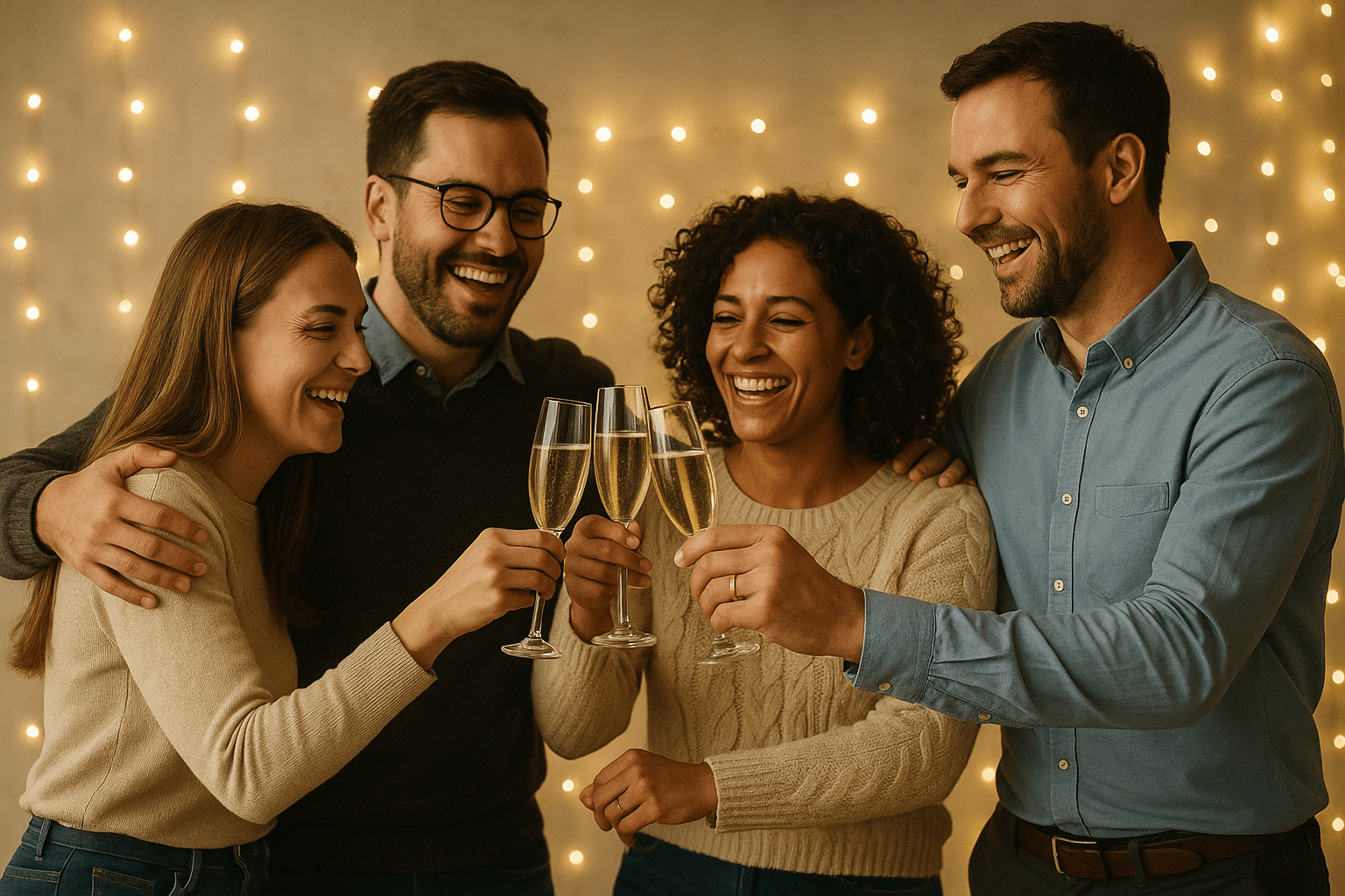 Un grupo de amigos brindando con copas de champagne bajo luces cálidas, celebrando un nuevo comienzo con sonrisas y abrazos.