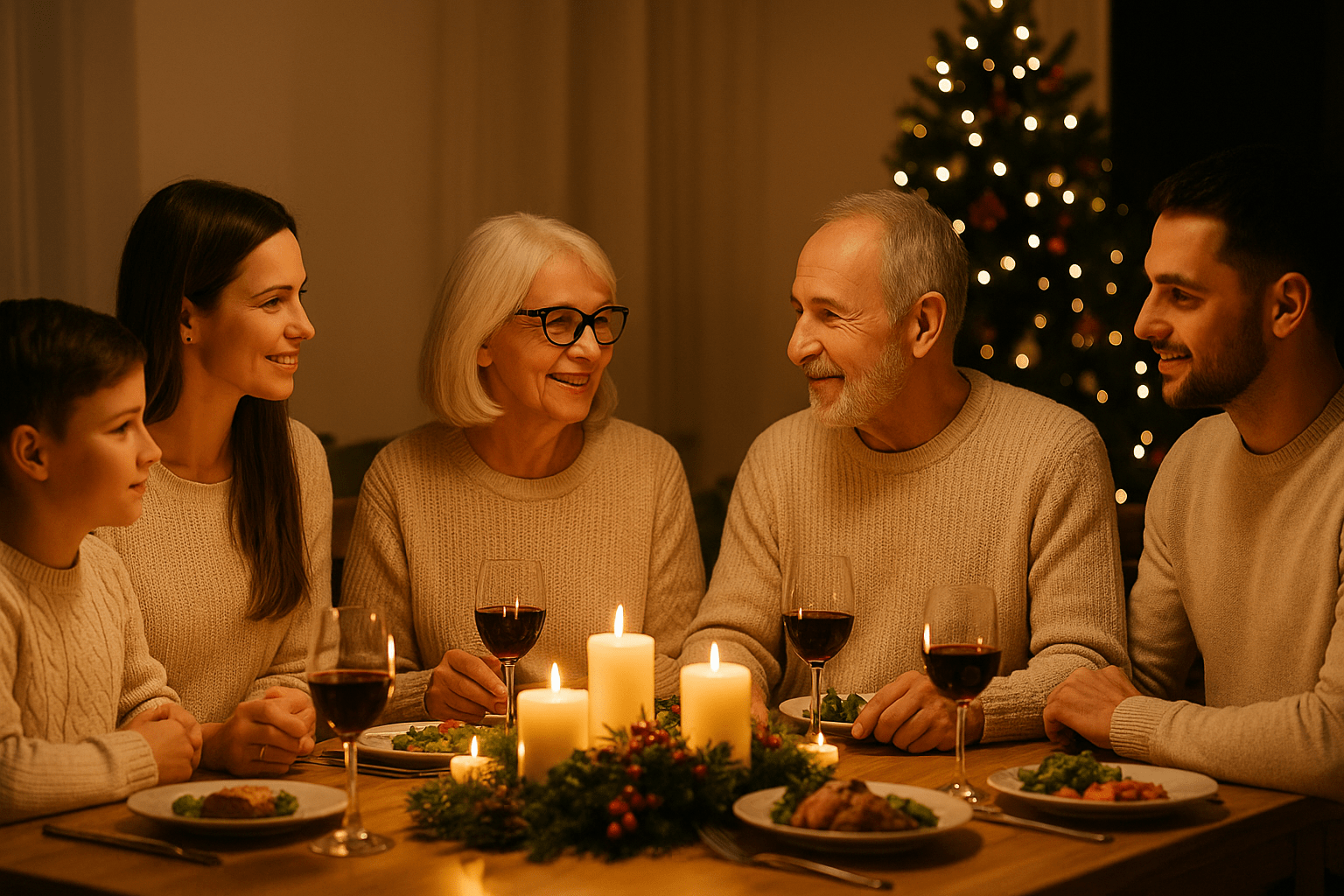 Una familia reunida de noche alrededor de una mesa iluminada con velas, compartiendo un momento cálido y sereno, con un árbol de Navidad iluminado de fondo.