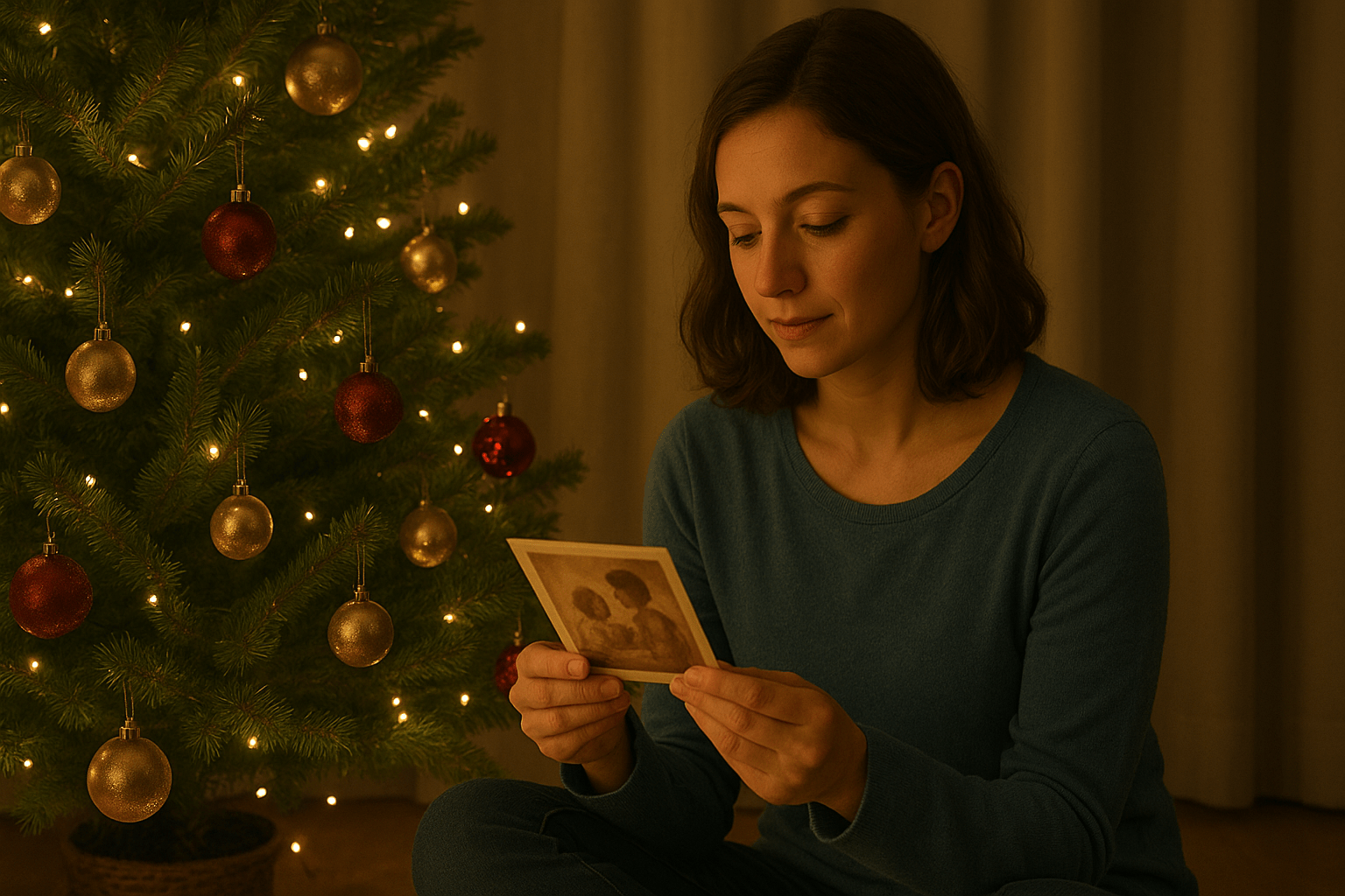 Una mujer sentada junto a un árbol de Navidad iluminado, mirando una fotografía con expresión nostálgica pero serena.