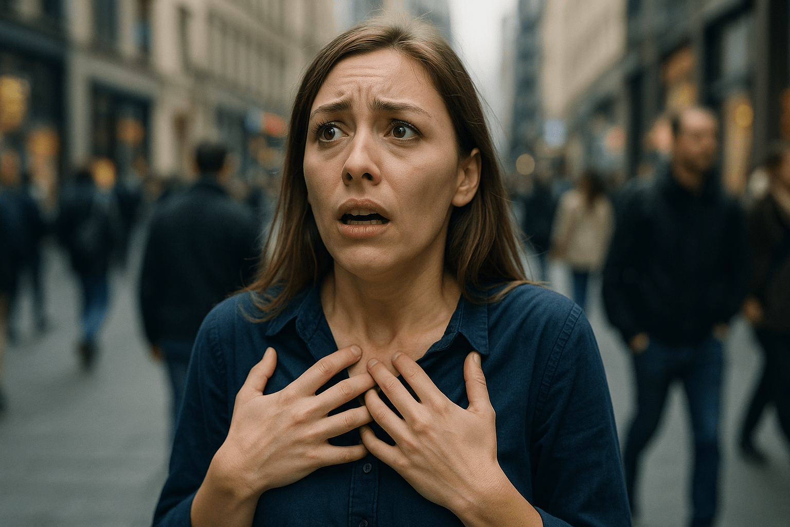 Una mujer en primer plano con expresión de miedo y respiración agitada en un entorno urbano, rodeada de gente desenfocada que sigue su camino, simbolizando aislamiento en medio de la multitud.