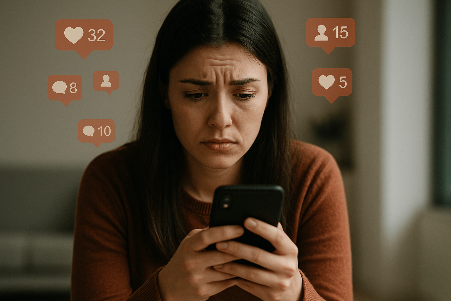 Una joven mirando su celular con gesto preocupado, rodeada de notificaciones en la pantalla, simbolizando el impacto emocional de las redes en la autoestima.