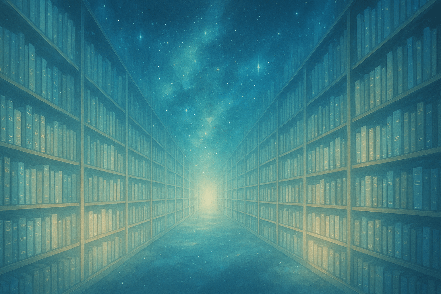 Imagen etérea de una biblioteca infinita de luz que representa los Registros Akáshicos