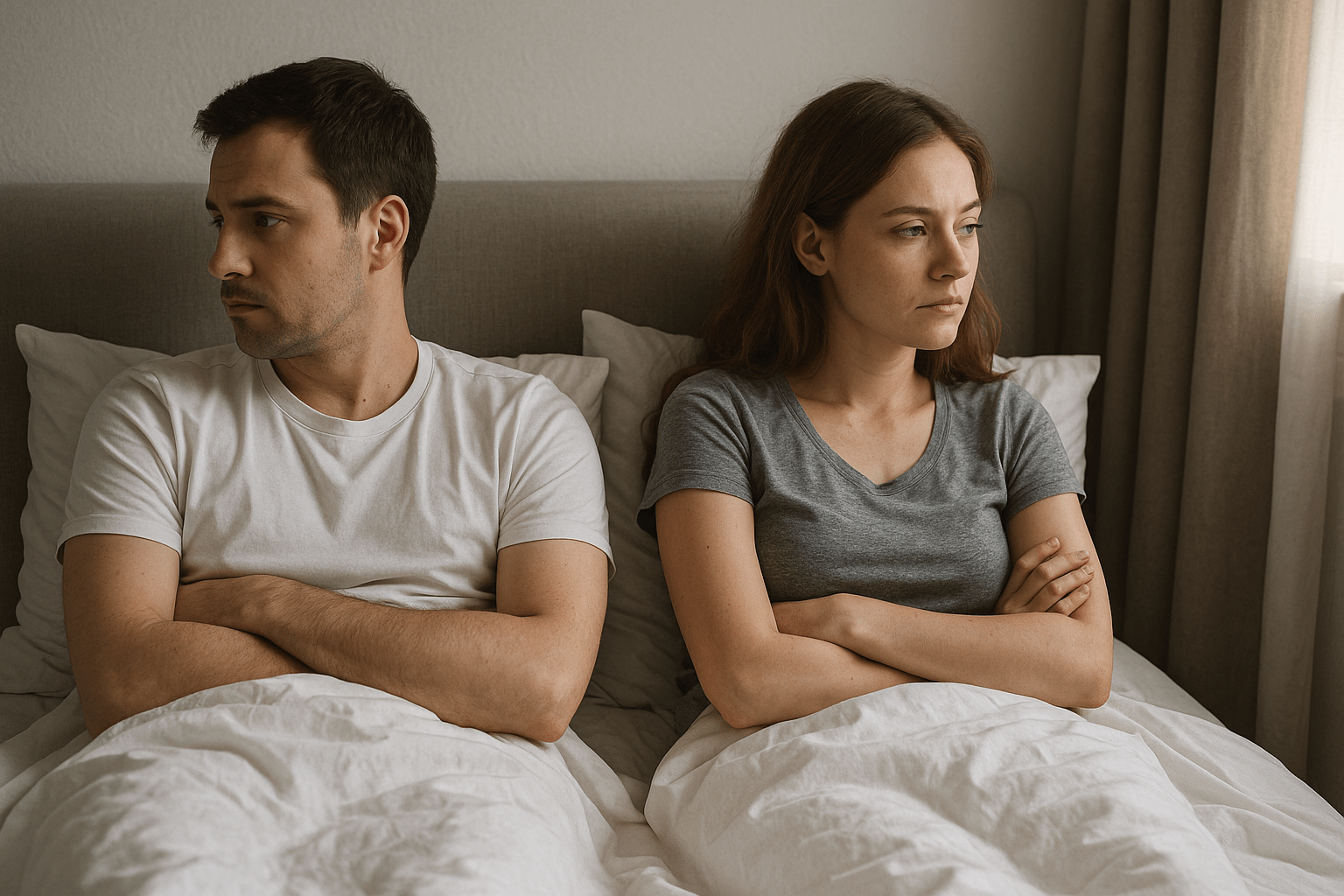 Pareja en la cama de espaldas, con expresiones pensativas y distancia emocional