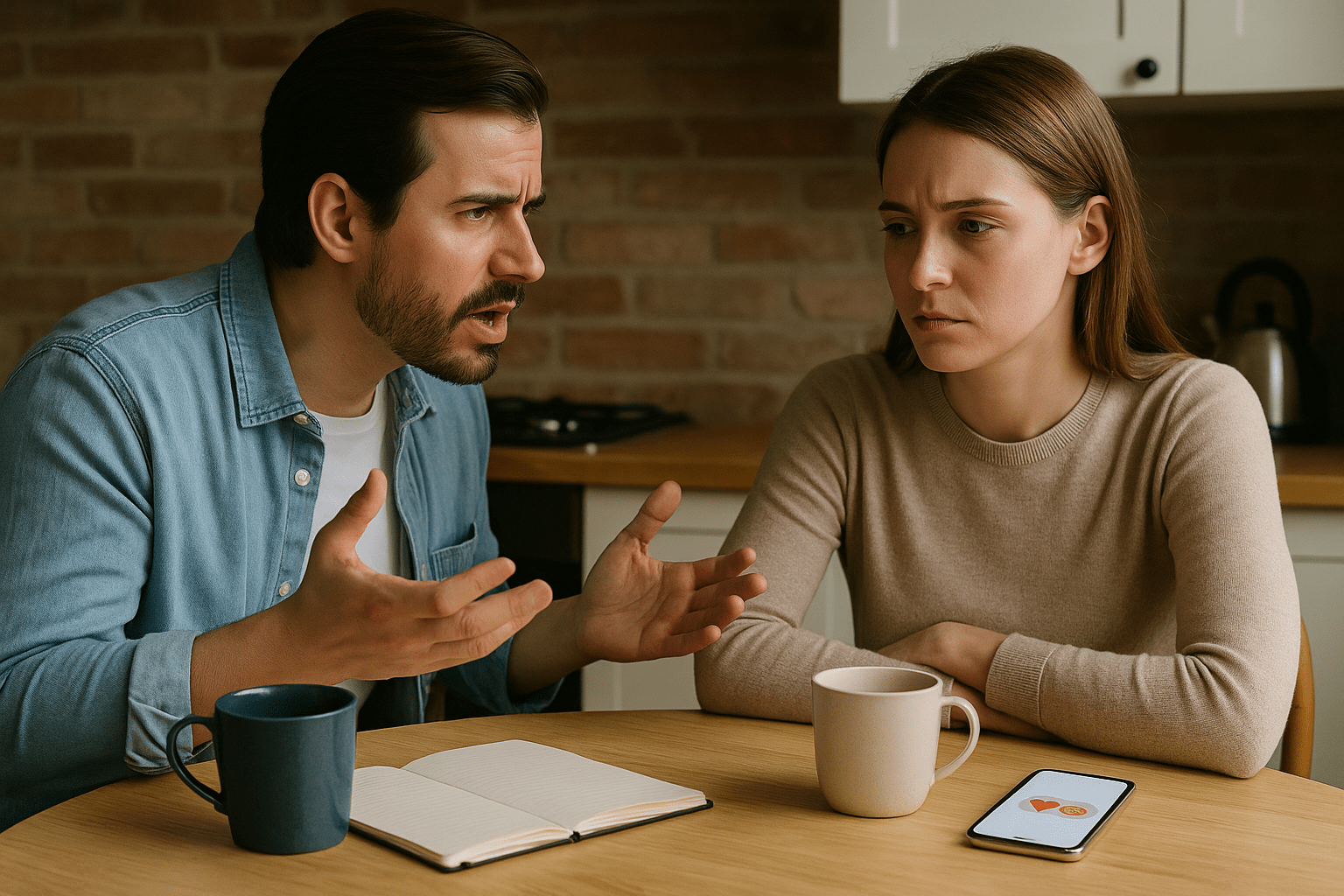 Pareja conversando en una mesa de cocina, él habla con enfado mientras ella escucha seria; sobre la mesa hay café y un celular con mensaje romántico, simbolizando discusión y pedido de reparación