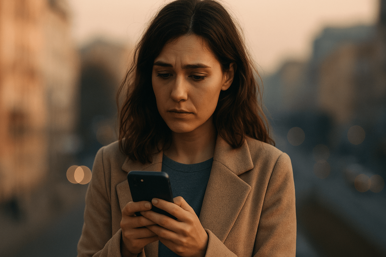 mujer mirando su teléfono con expresión de duda y melancolía,