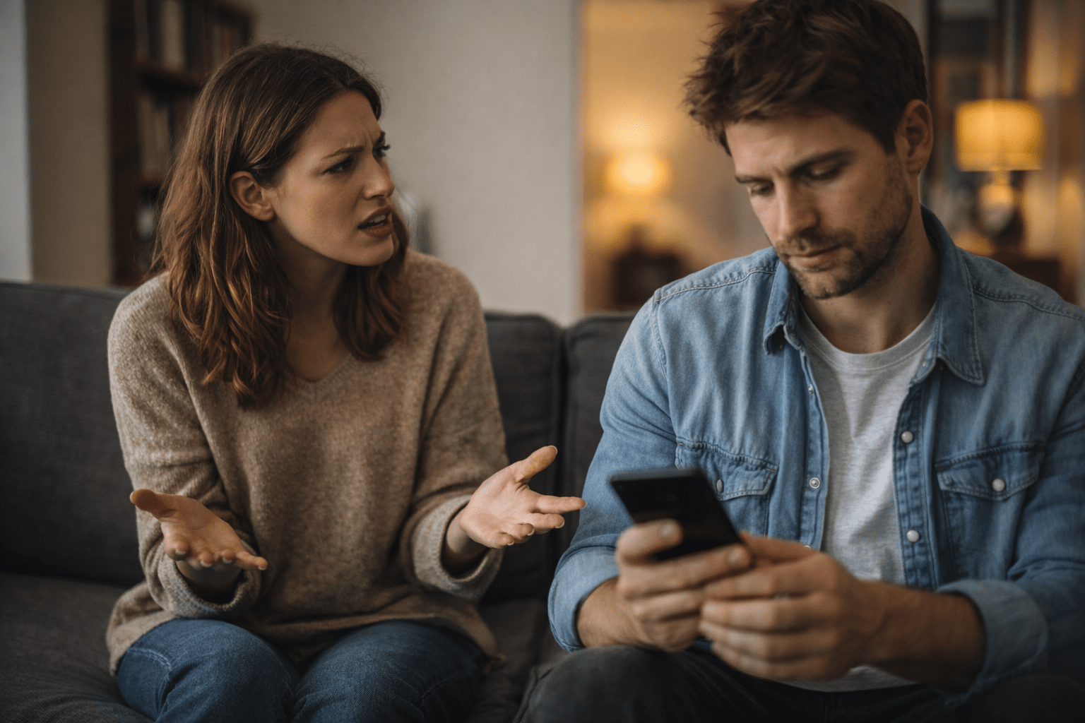 Pareja sentada frente a frente en un living; una persona intenta comunicarse mientras la otra permanece absorta en su teléfono, simbolizando egocentrismo, desconexión emocional y falta de empatía en la relación.