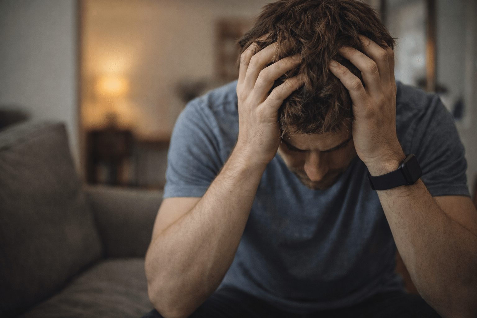 Persona sentada en su hogar con la cabeza entre las manos y gesto de frustración, reflejando acumulación emocional, estrés y dificultad para regular el enojo y la ira.