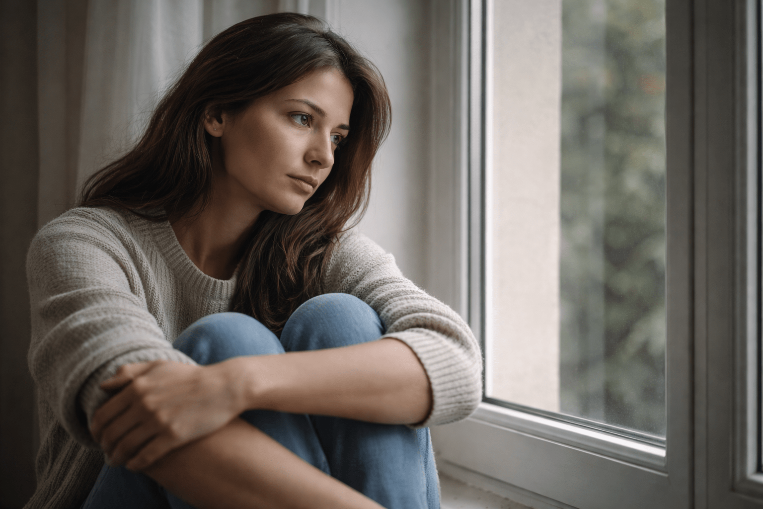 Persona sentada sola junto a una ventana con luz tenue, expresión introspectiva y ambiente calmo, representando permiso para sentir tristeza y contacto emocional sin evitación.