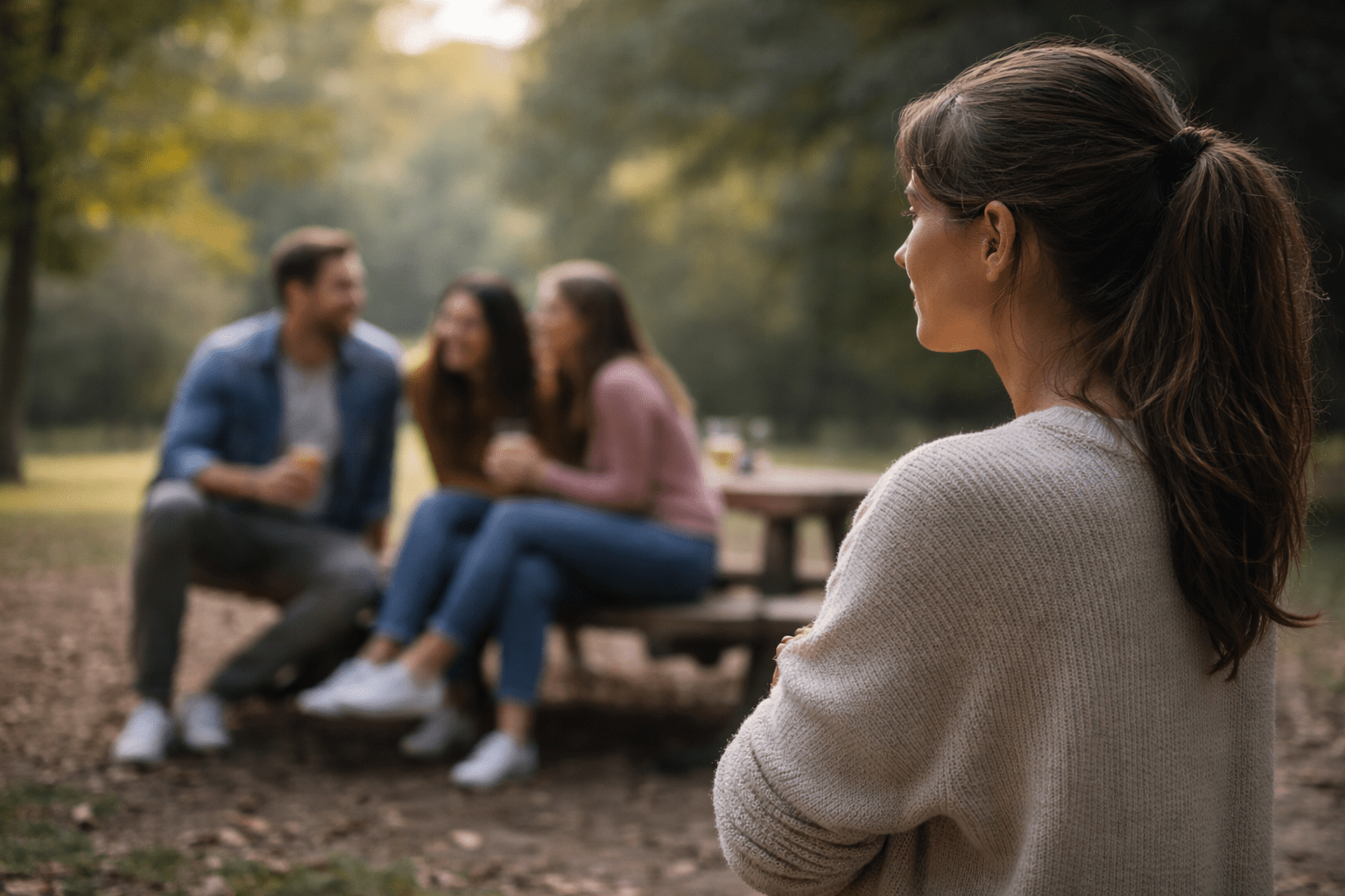 Persona sola observando a un grupo de amigos reír a la distancia, representando vínculos desequilibrados, sensación de exclusión y toma de conciencia sobre amistades por interés.