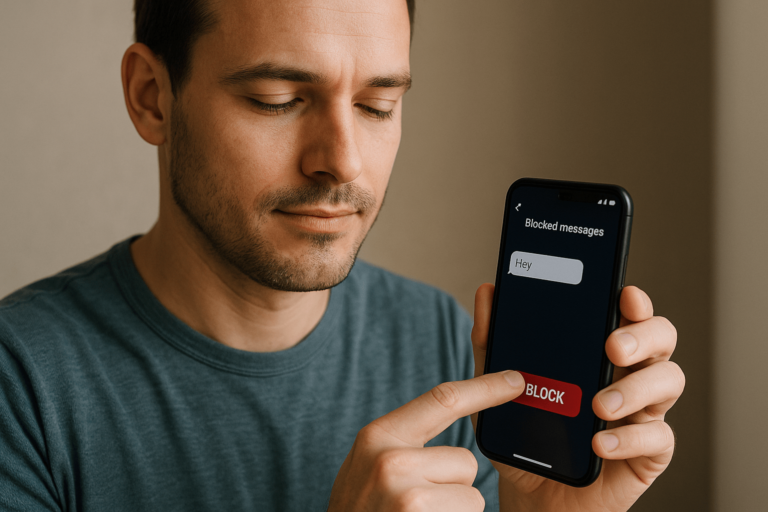 Persona adulta bloqueando un contacto en su celular con expresión serena, representando el acto de poner límites emocionales y proteger la propia calma tras una ruptura.