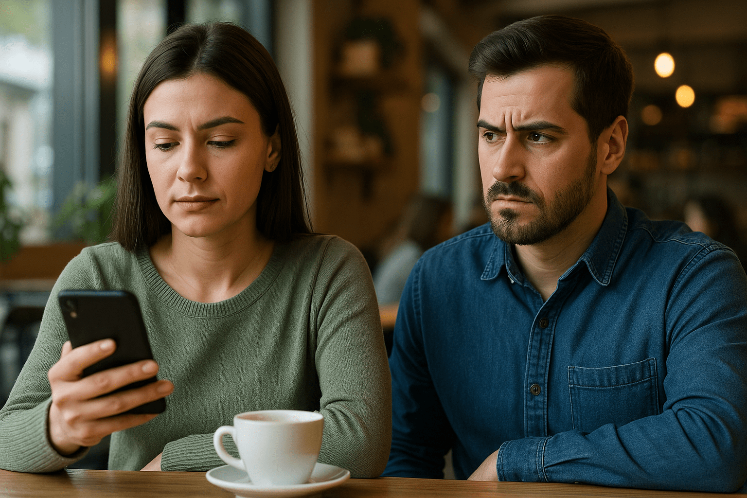 Pareja sentada en una cafetería donde una persona mira su celular mientras su pareja la observa con gesto de desconfianza, representando celos injustificados y tensión emocional en la relación.