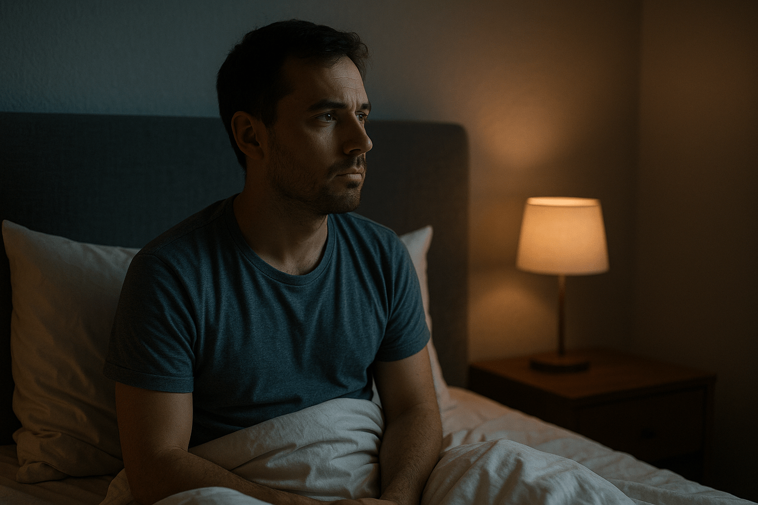 persona despertando de madrugada, sentada en la cama con expresión pensativa, luz tenue y cálida de una lámpara, habitación en calma nocturna, atmósfera introspectiva, formato 16:9