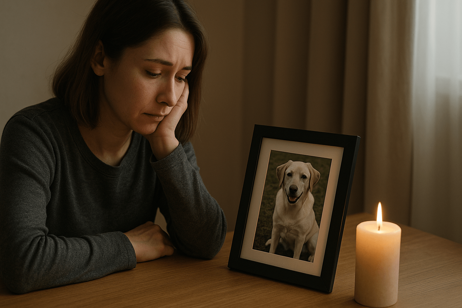 Persona sentada observando una fotografía de su mascota junto a una vela encendida, simbolizando duelo, memoria y el vínculo afectivo que permanece tras la pérdida.
