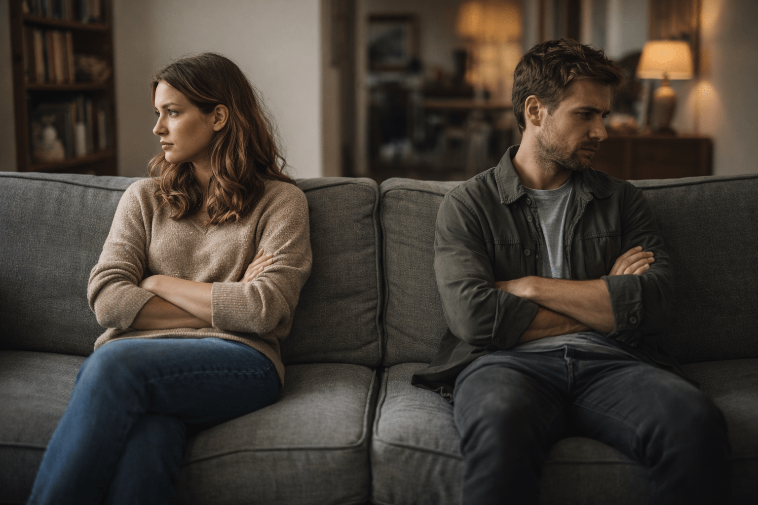 Pareja sentada en extremos opuestos de un sillón, sin mirarse, con expresión distante, representando desconexión emocional y señales de una relación sin proyección a futuro.