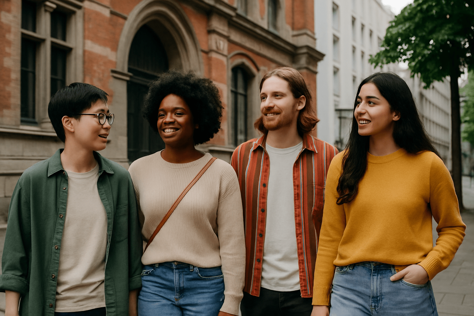 Grupo diverso de personas adultas caminando juntas en un entorno urbano, representando inclusión, diversidad y validación social de la identidad de género desde una mirada respetuosa y cotidiana.