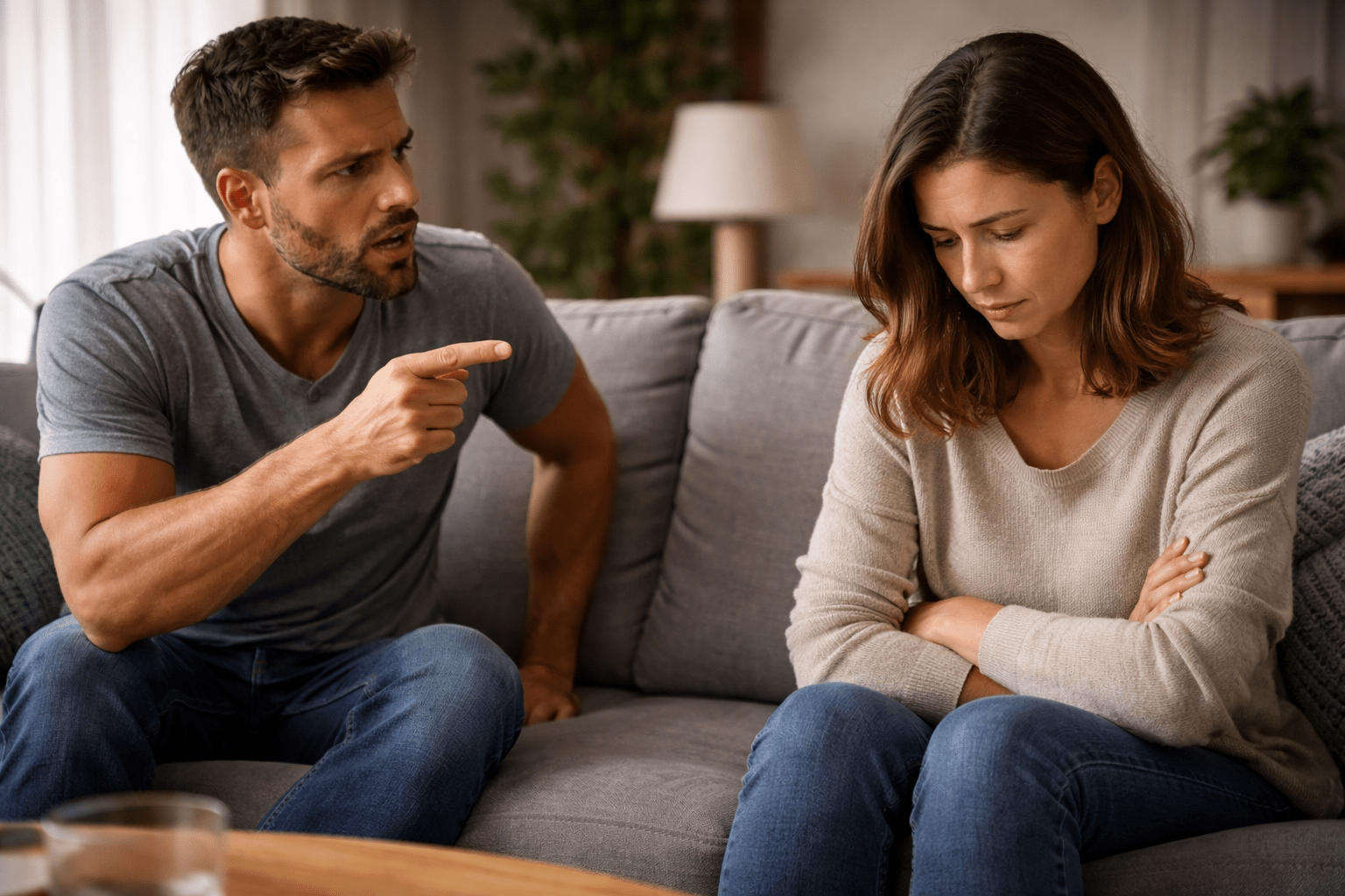 Pareja sentada en un living, una persona habla con gesto autoritario mientras la otra permanece en silencio mirando hacia abajo, reflejando maltrato psicológico, desvalorización y desequilibrio de poder en la relación.