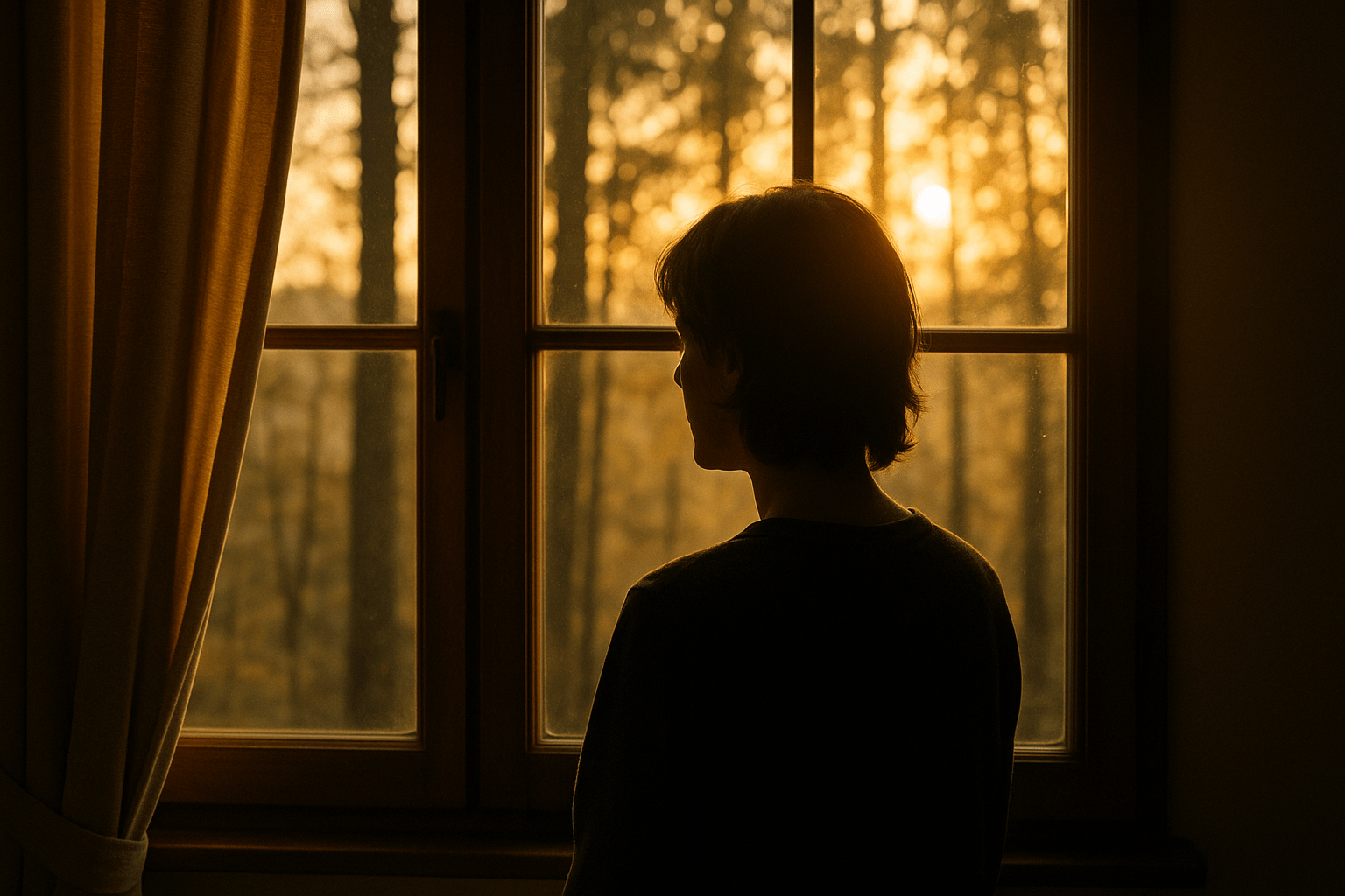 persona mirando por la ventana con luz cálida, bosque iluminado detrás de los árboles, atmósfera contemplativa y serena.